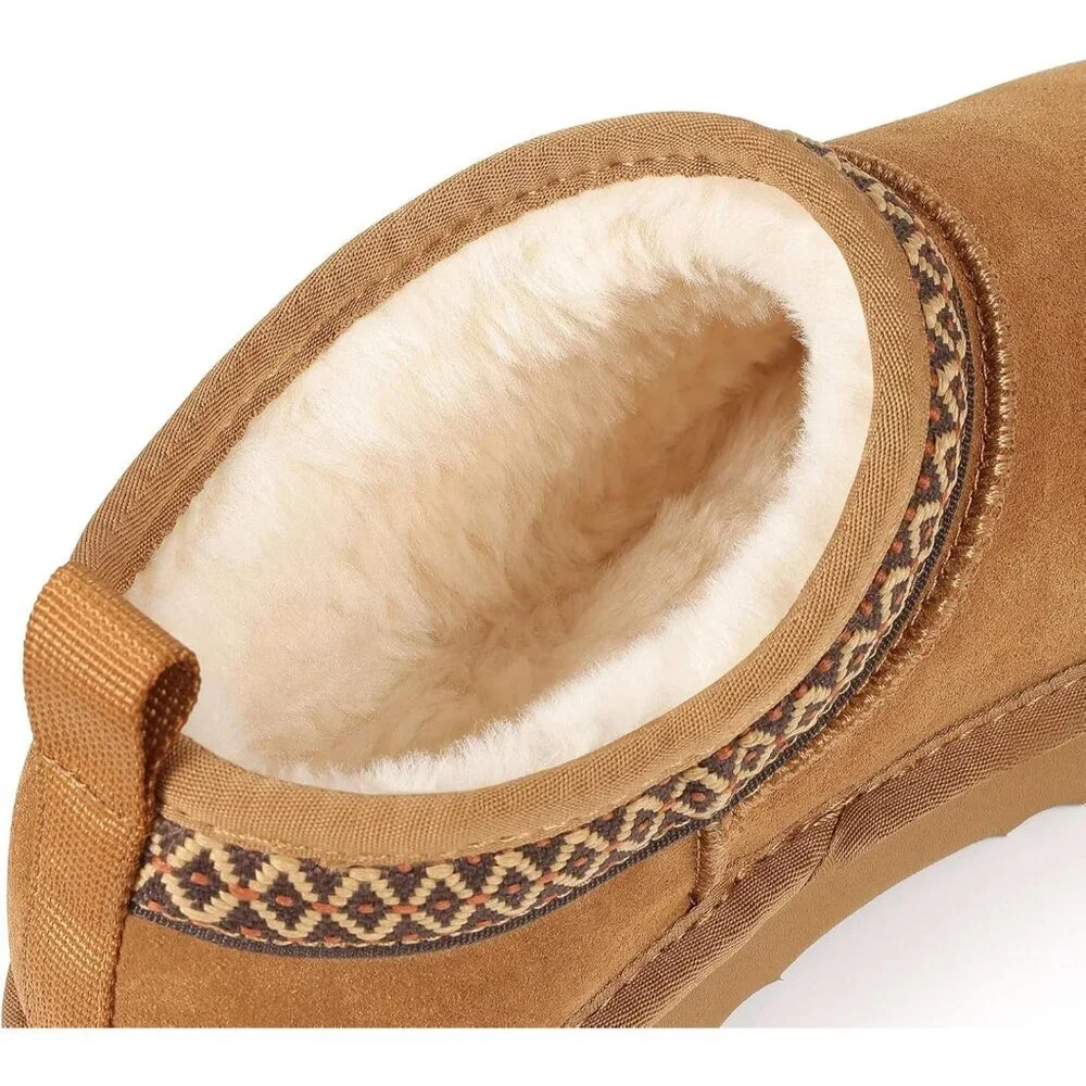 Women's Suede Mini Boots Winter Fuzzy Snow Boots Short Ankle Boot Fur Chestnut